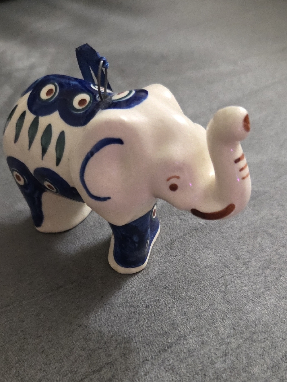 Boleslawiec Polish Pottery Elephant Ornament with Blue Decorative Accents